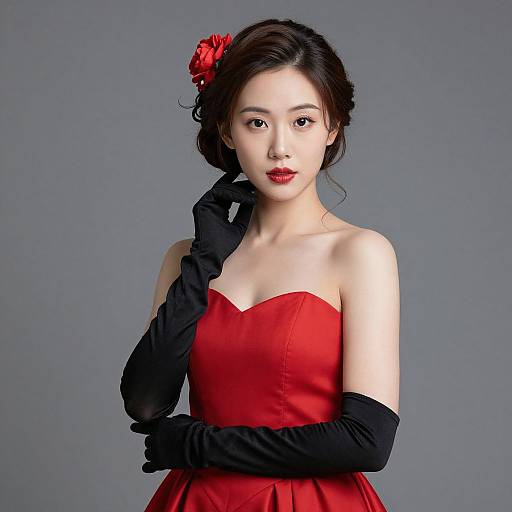 Photograph of an Asian woman with fair skin, wearing a strapless red dress, black gloves, and a red flower in her dark hair, against
