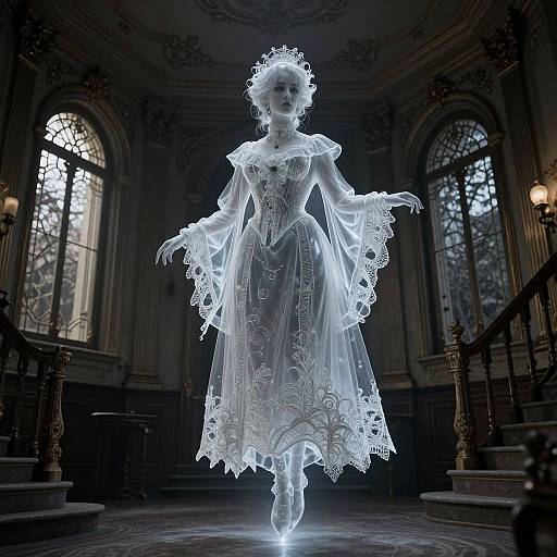 Glowing, ethereal woman in detailed, translucent white Victorian gown with lace sleeves and headdress, illuminated in grand, dimly-lit ball