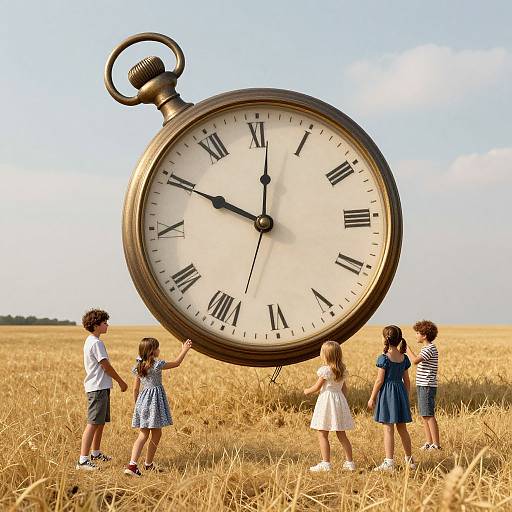 Photograph of five children holding a giant antique pocket watch in a golden wheat field under a blue sky.