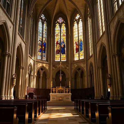Photograph of a Gothic-style cathedral interior, featuring tall, arched stained glass windows, dark wooden pews, and a central altar bathed in
