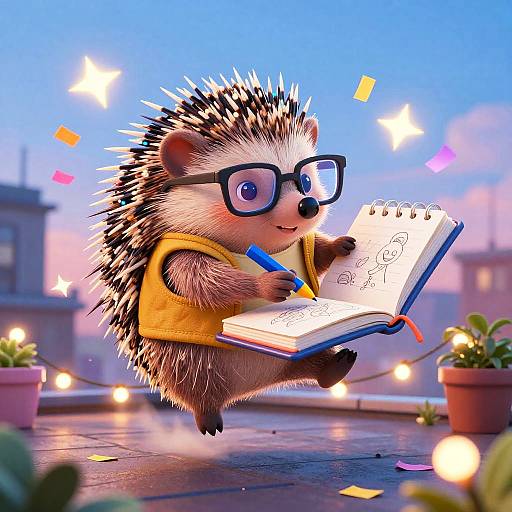 Cute CGI hedgehog with glasses, yellow shirt, and blue pen, drawing in an open notebook, surrounded by glowing stars and potted plants.