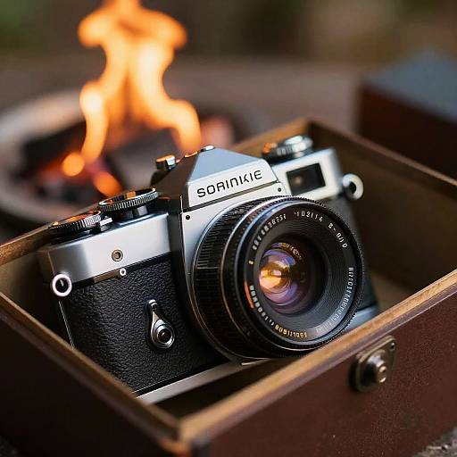 Photograph of a vintage silver and black Spixie camera with a large lens, partially open, in front of a small campfire.
