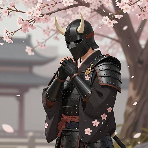 Elegant Warrior in Cherry Blossom Scene