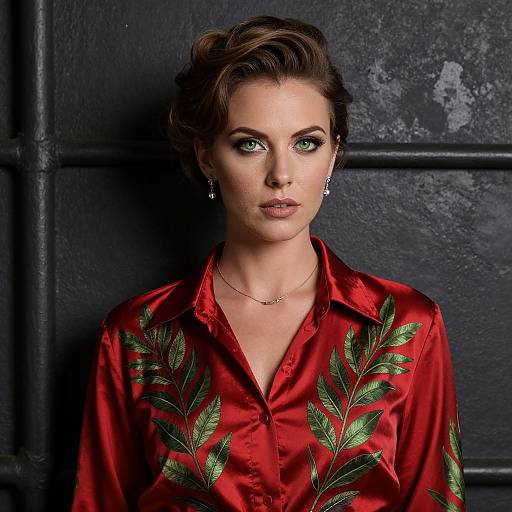 Photograph of a serious, green-eyed woman with styled brown hair, wearing a red silk shirt with green leaf embroidery, against a dark, textured background