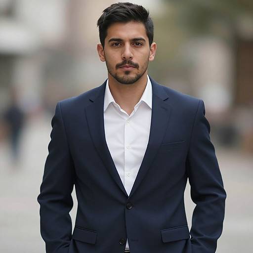 Photograph of a handsome, dark-haired man with a trimmed beard, wearing a black suit and white shirt, standing outdoors with a blurred urban background.