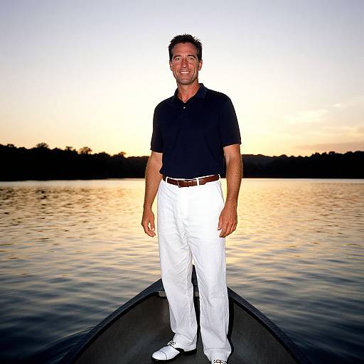 Photograph of a smiling man in a black polo shirt and white pants standing on a boat at sunset, with a calm lake and silhouetted