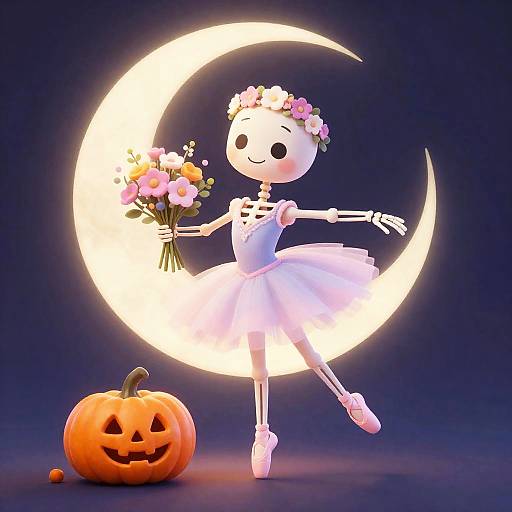 Whimsical Skeleton Ballerina with Pumpkin and Moon