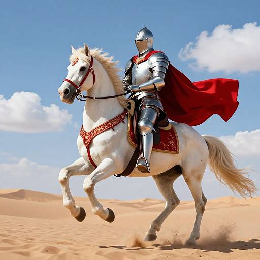Digital artwork of a knight in silver armor with a red cape riding a white horse through a sunny desert.