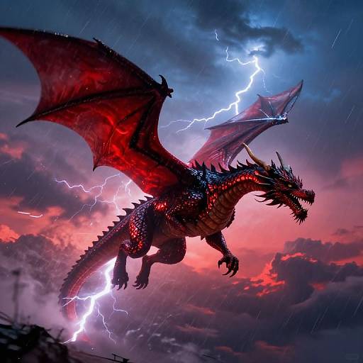 Digital artwork of a fierce, red-scaled dragon with glowing eyes and jagged wings, flying through a stormy, lightning-filled sky at sunset.