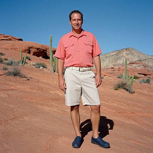 Photograph of middle-aged man with short dark hair, wearing coral shirt, white shorts, black shoes, standing in desert with cacti and rocky