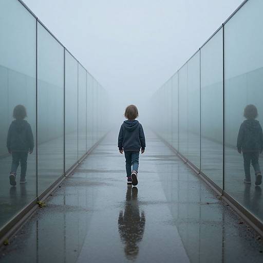 Photograph of a small child in a gray hoodie and blue jeans walking down a foggy, reflective glass-walled corridor.