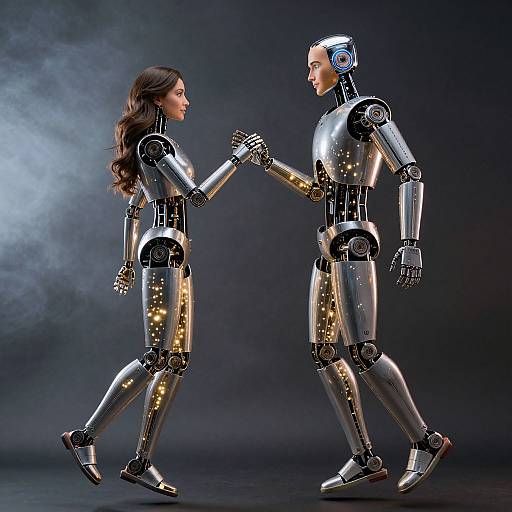 Futuristic Robot Couple Touching Hands