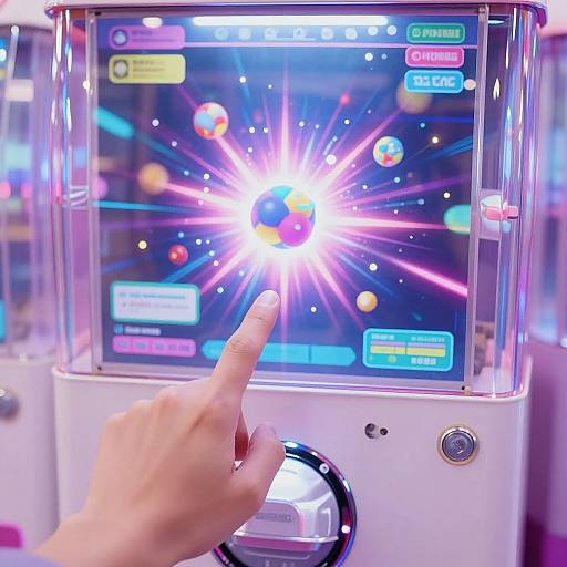 Photograph of a person's hand touching a futuristic, glowing, touchscreen interface with vibrant colors and starburst effects, set in a brightly lit electronic display
