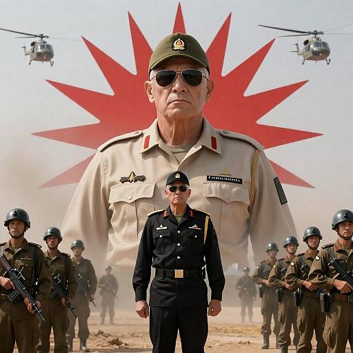 Military Leader with Soldiers and Helicopters