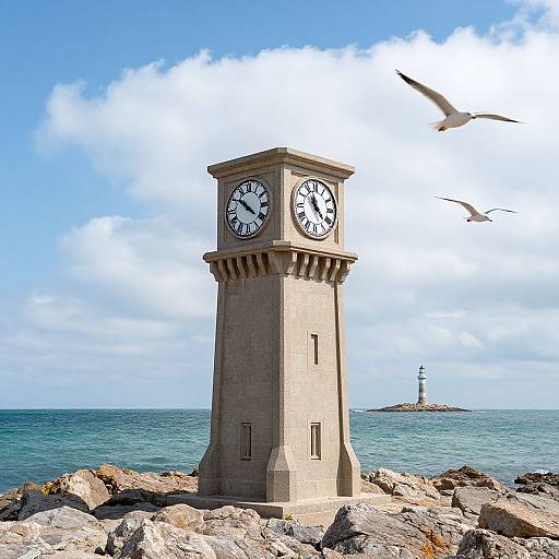 Photograph of a tall, beige clock tower on rocky coastline, blue ocean, white seagulls flying, and distant lighthouse in clear sky.