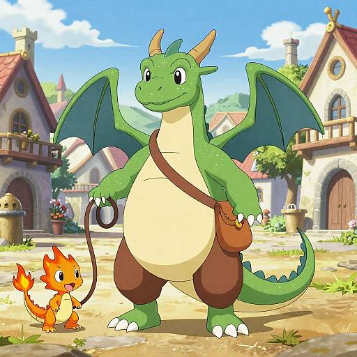 Digitally-drawn cartoon of a green dragon with brown horns, wearing brown pants and a satchel, standing in a sunny village, holding a