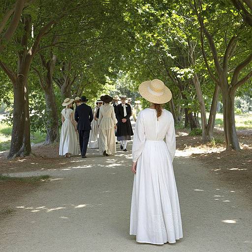 Photograph of a wedding party walking down a shaded, tree-lined path; bride in white gown and wide-brimmed hat leads, groomsmen