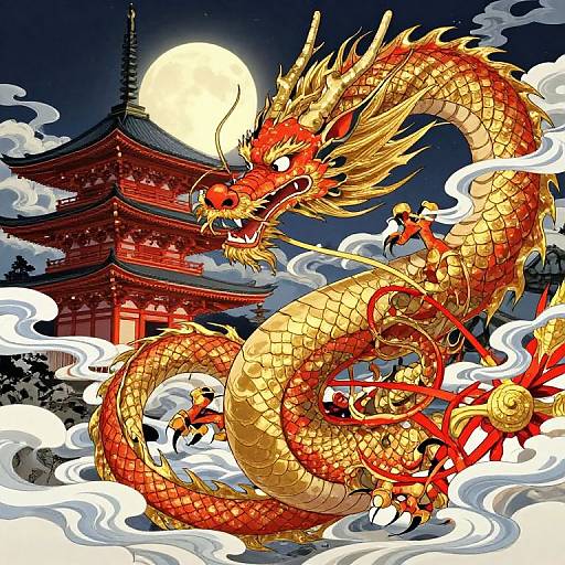 Vibrant digital illustration of a golden, red-scaled dragon with intricate scales, fierce eyes, and flowing mane, coiled amidst swirling white clouds