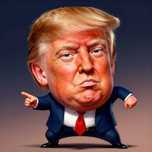 Cartoonish, exaggerated digital caricature of a man with blond hair, large nose, and prominent teeth, wearing a dark suit, white shirt,