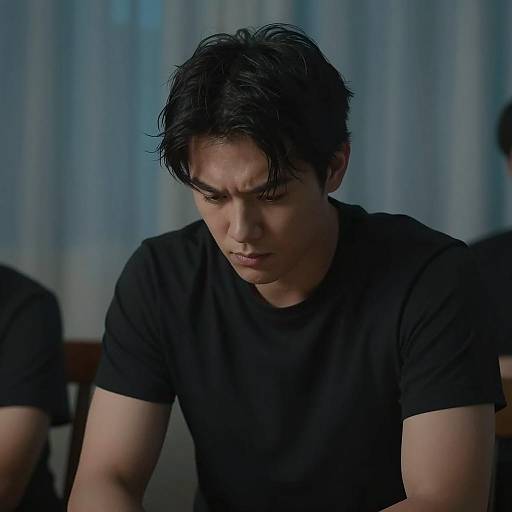 Pensive Young Man in Black T-Shirt