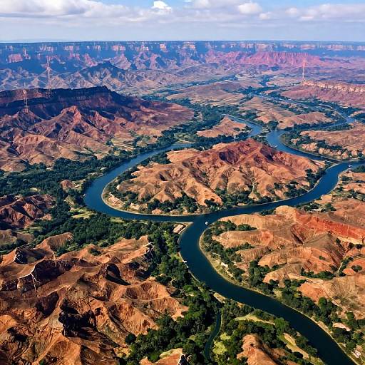 Aerial photograph of a winding river cutting through rugged, red desert hills with scattered greenery, under a partly cloudy sky.