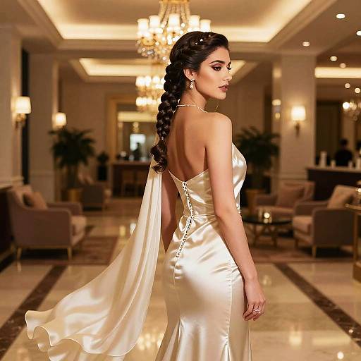 Photograph of a beautiful woman with long black braided hair, wearing a backless, silky white gown, standing in a luxurious, warmly lit hotel