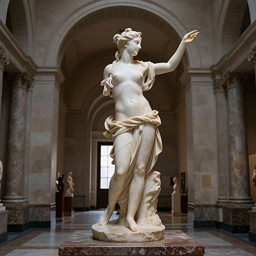Photograph of a classical marble statue of a nude, fair-skinned woman with flowing drapery, raising her right arm, in a grand,
