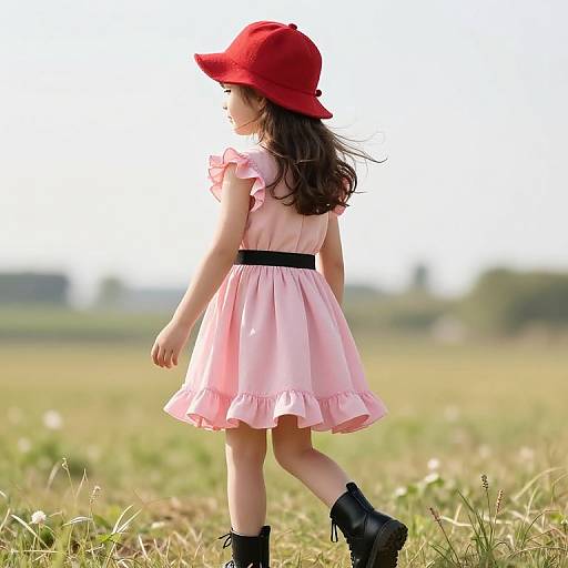 Young Girl in Red Hat and Meadow
