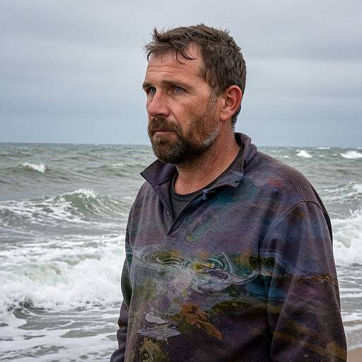 Photograph of a rugged, bearded man with wet, dark hair in a stained, dark shirt standing on a windy, cloudy beach with waves in