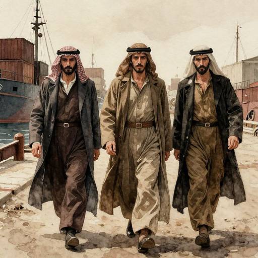 Three bearded men in traditional Middle Eastern attire with black coats and keffiyehs walking on a waterfront dock, with industrial buildings and a ship