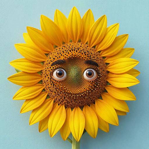 Photograph of a sunflower with bright yellow petals and a detailed, textured center. Two wide, surprised eyes are humorously placed in the center,