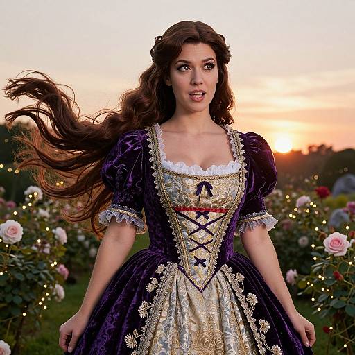 Digital artwork of a brunette woman in a detailed, purple and gold Renaissance-style dress, with flowing hair, standing in a rose-filled garden at sunset.