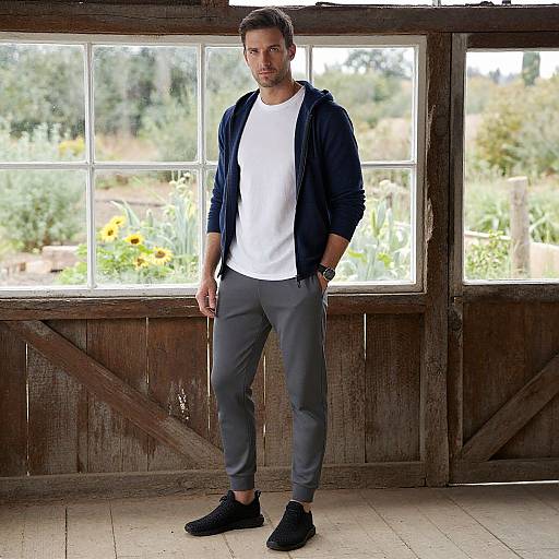 Photograph of a tall, attractive man with short brown hair, wearing a navy jacket, white t-shirt, gray pants, and black shoes, standing