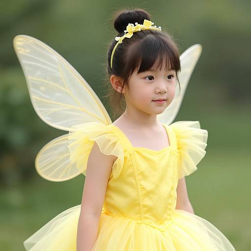 Photograph of an Asian girl with black hair in a bun, wearing a yellow fairy dress and translucent fairy wings, standing outdoors against a green blurred background