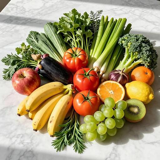 Photograph of vibrant, assorted fresh fruits and vegetables: bananas, tomatoes, grapes, cucumbers, broccoli, eggplant, oranges, kiwi