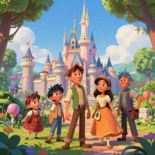 Cartoon family of four standing in front of a colorful, sunlit fairy-tale castle with lush gardens and vibrant flowers. Bright, cheerful, and