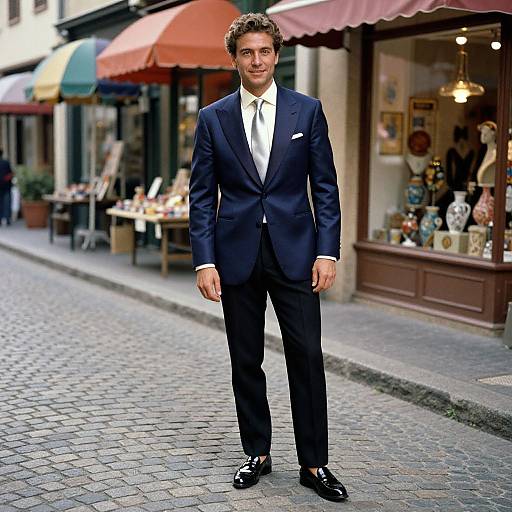 Photograph of a handsome man in a navy suit, white shirt, and black shoes standing on a cobblestone street with colorful shop awnings and