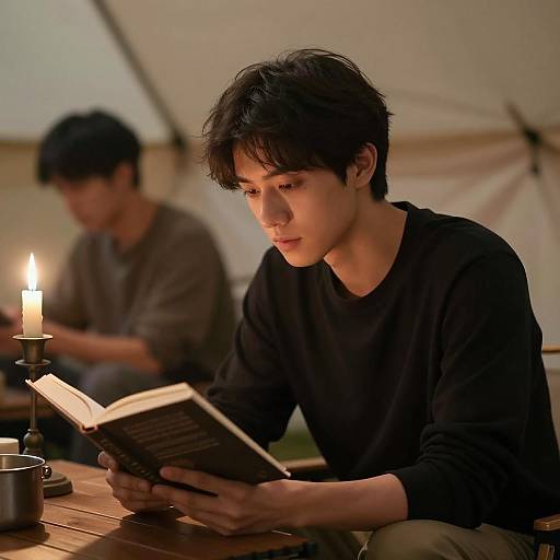 Focused Reading in a Dimly Lit Tent