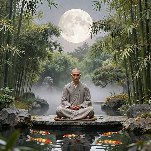 Zen Garden with Meditating Monk
