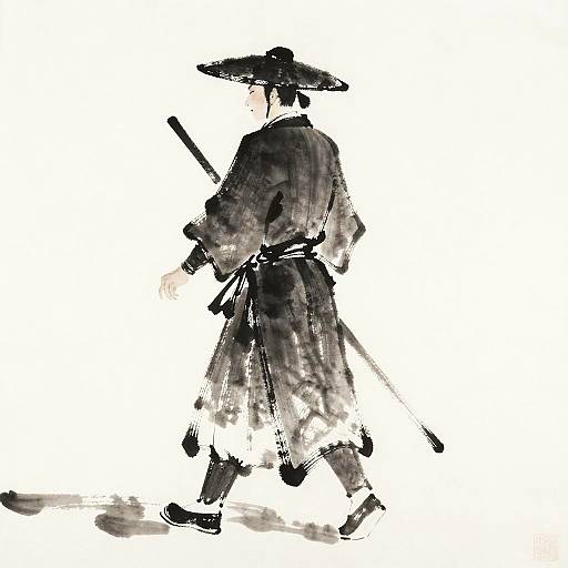 Ink Wash Painting of Lone Samurai with Staff