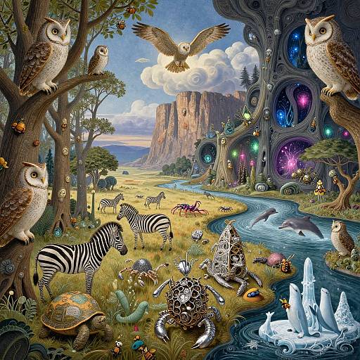 Whimsical fantasy landscape: owls perch on trees, zebras graze, tortoises roam, waterfalls flow, colorful caves, mountains