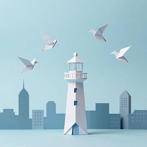 Origami Birds Over Paper Cityscape