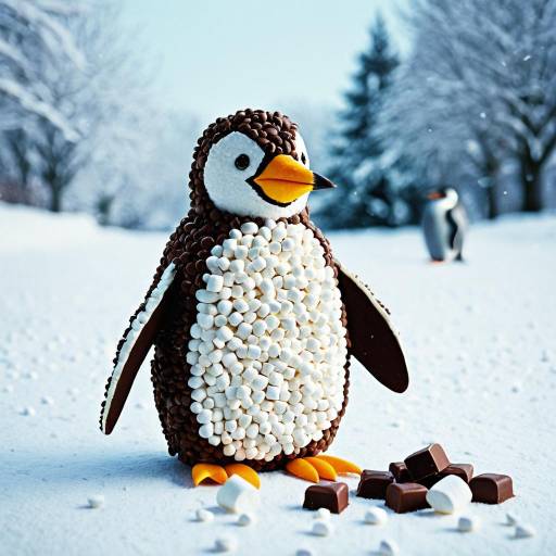 Chocolate and Marshmallow Penguin Sculpture in Snow Chocolate and Marshmallow Penguin Sculpture in Snow