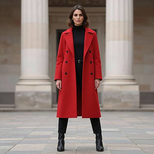 Photograph of a woman with wavy brown hair, wearing a vibrant red long coat, black turtleneck, black pants, and black boots,