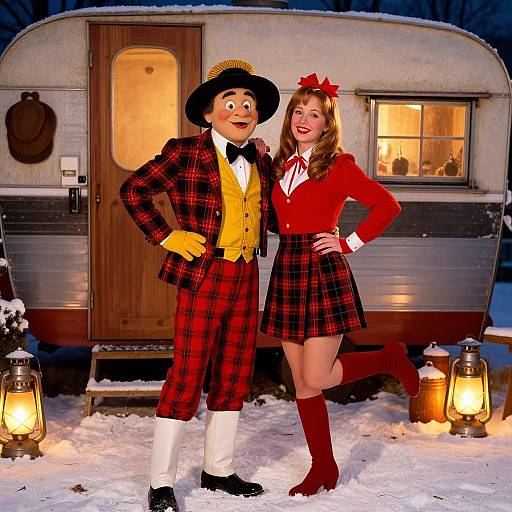 Photograph of a smiling man in 18th-century attire and a smiling woman in a red plaid dress, standing in front of a snow-covered