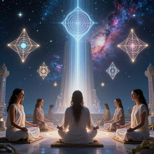 Photograph of meditating women in white robes, seated in a circular pattern, surrounded by glowing geometric symbols and a celestial background. Central figure faces a