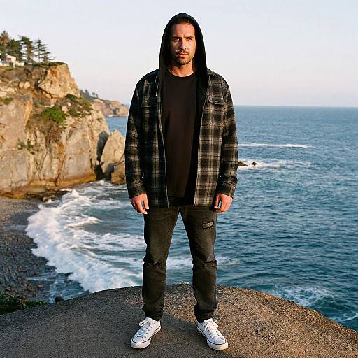 Photograph of a bearded man with long black hair, wearing a black hoodie, plaid shirt, black jeans, and white sneakers, standing on