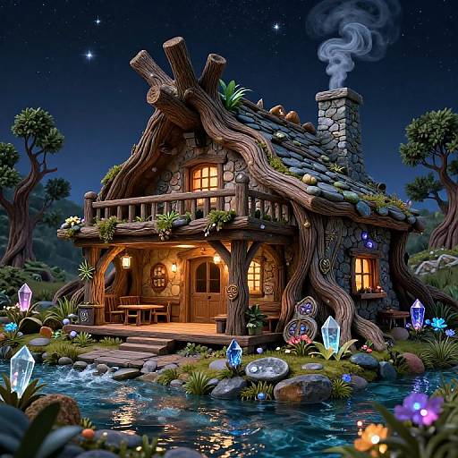 Whimsical, fairy-tale cottage with wooden, twisted roof, glowing windows, stone chimney, colorful crystals, illuminated by starry night sky,