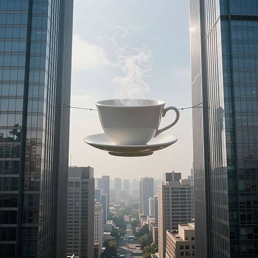 Photograph of a giant white teacup with steam on a saucer, suspended between two reflective skyscrapers, overlooking a cityscape below.
