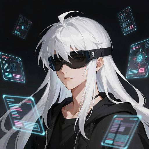 Digital anime artwork of a white-haired, fair-skinned person with black sunglasses, wearing a black hoodie, surrounded by floating, glowing tech screens.
